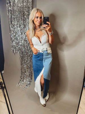 The Rowe Patchwork Denim Skirt - The Rack Boutique ⚡️