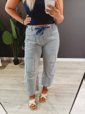The Striped Twill Rope Tie Barrel Jeans [ Blue ] - The Rack Boutique ⚡️