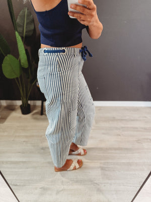 The Striped Twill Rope Tie Barrel Jeans [ Blue ] - The Rack Boutique ⚡️